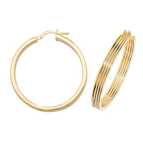 9ct Yellow Gold Flat Ribbed Hoop Earrings 30 MM - NiaYou Jewellery