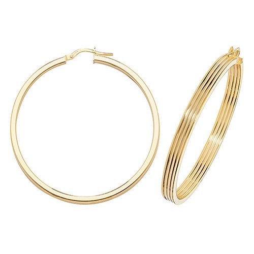 9ct Yellow Gold Flat Ribbed Hoop Earrings 40 MM - NiaYou Jewellery