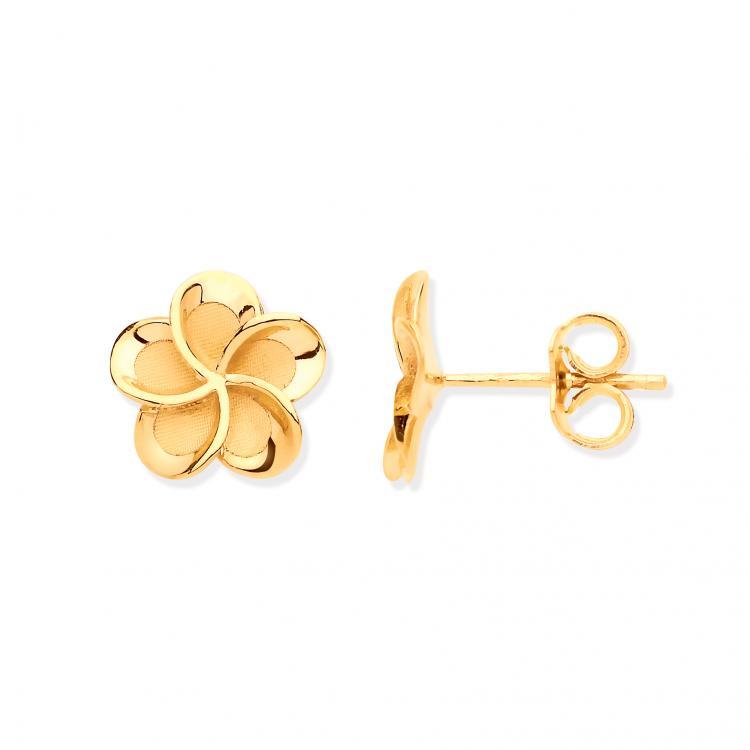 9Ct Yellow Gold Flower Frosty Finish Stud Earrings - NiaYou Jewellery