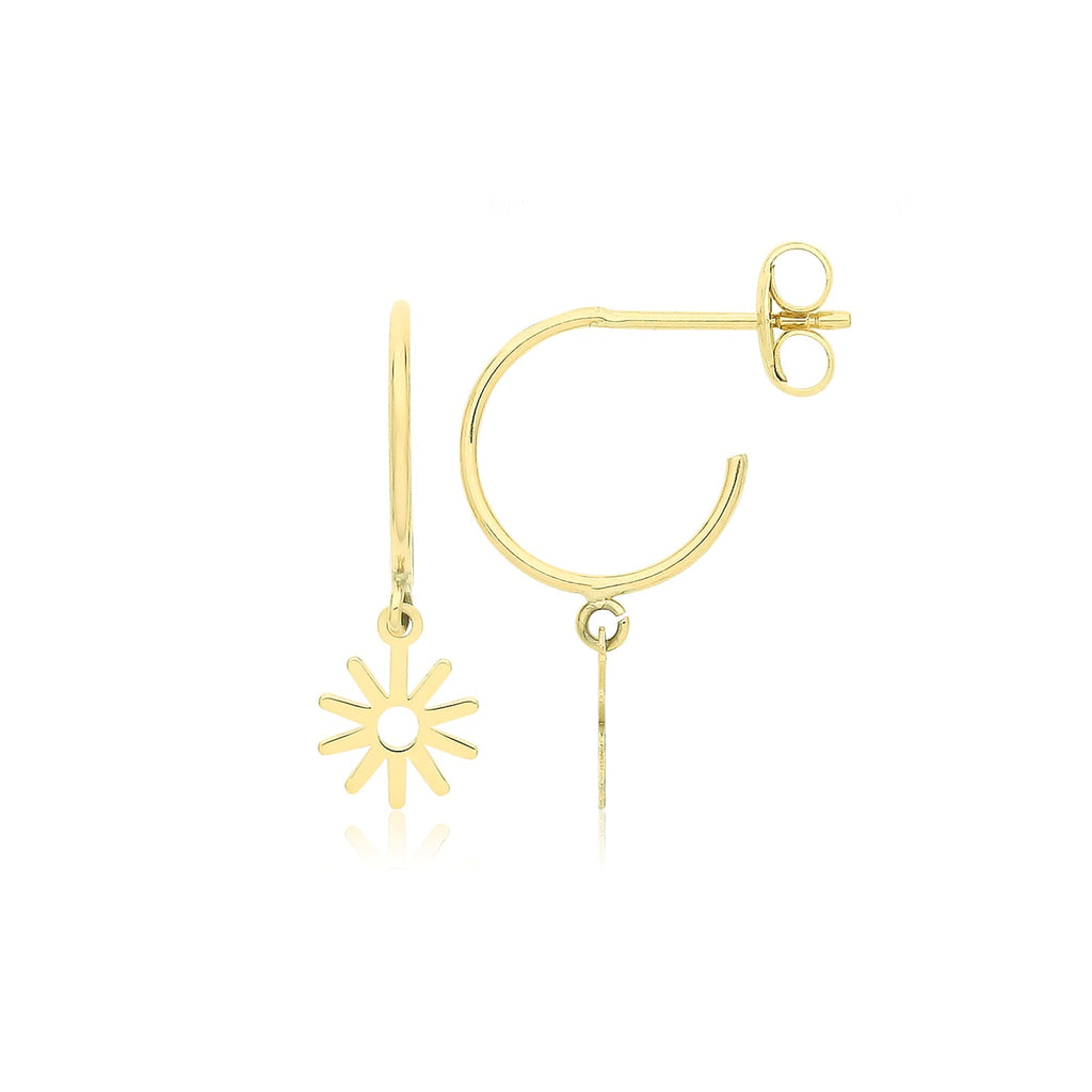 9ct Yellow Gold Half Hoop Earrings with Drop Flower Charm - NiaYou Jewellery