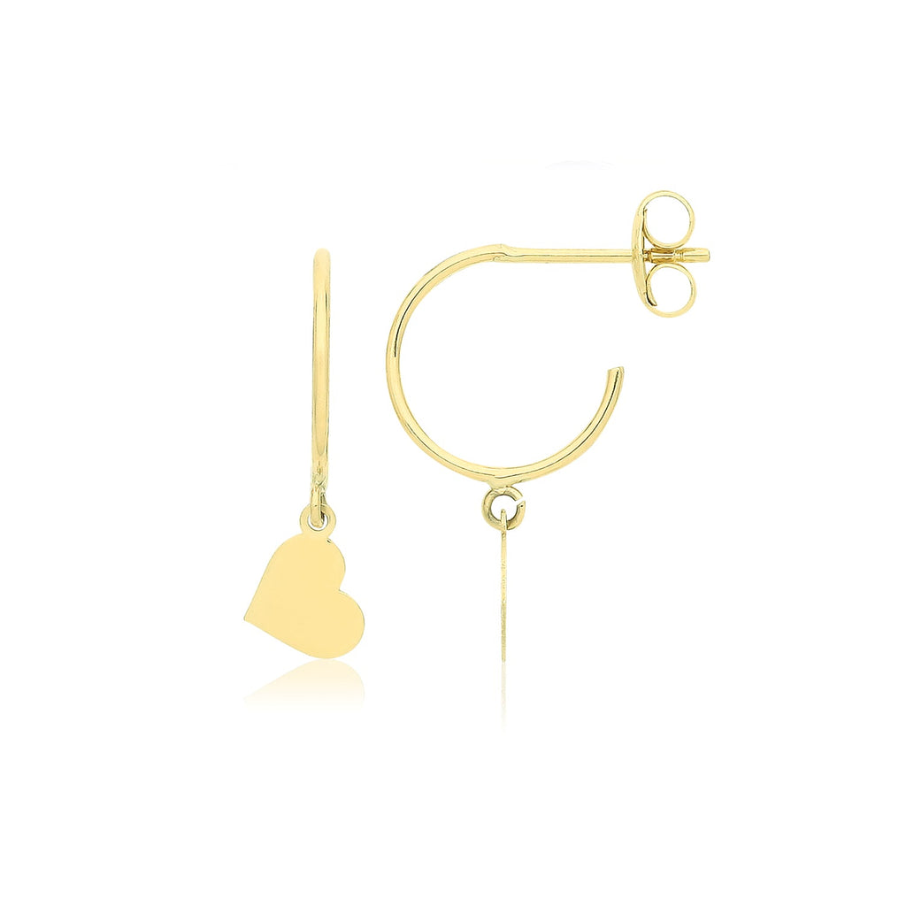 9ct Yellow Gold Half Hoop Earrings with Drop Heart - NiaYou Jewellery
