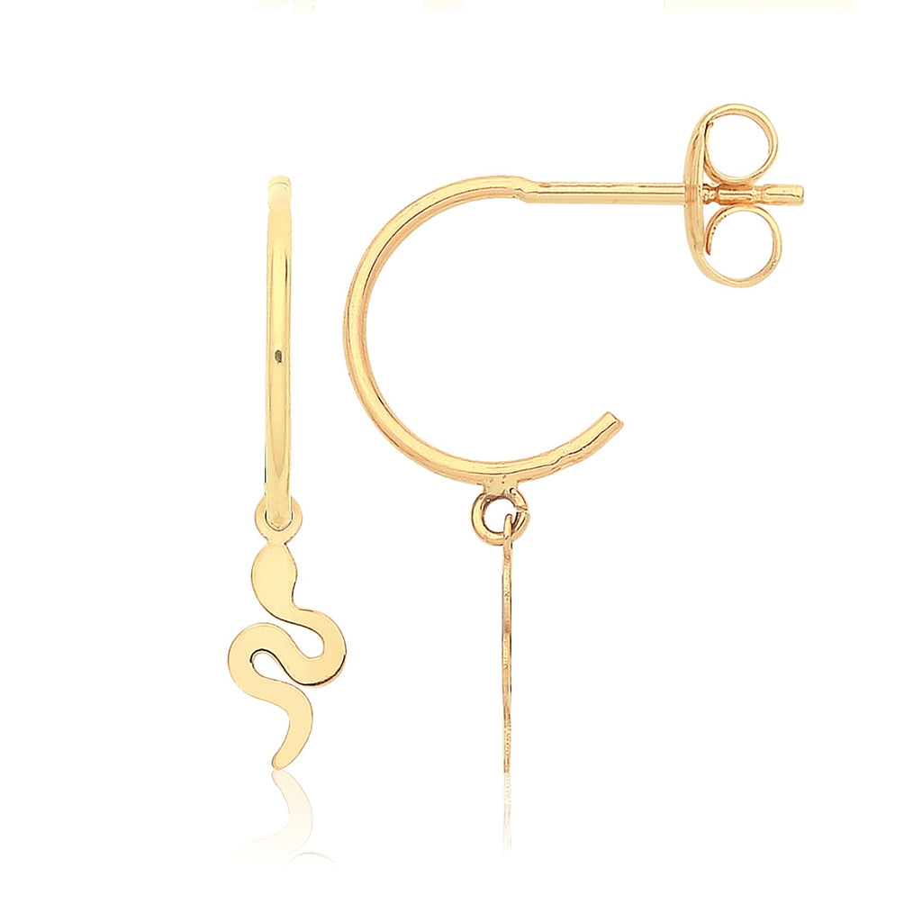 9ct Yellow Gold Half Hoop Earrings with Drop Snake Charm - NiaYou Jewellery