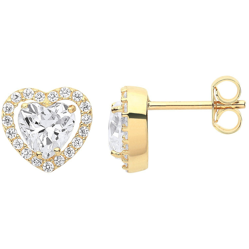 9ct Yellow Gold Halo Heart Cubic Zirconia Stud Earrings - NiaYou Jewellery