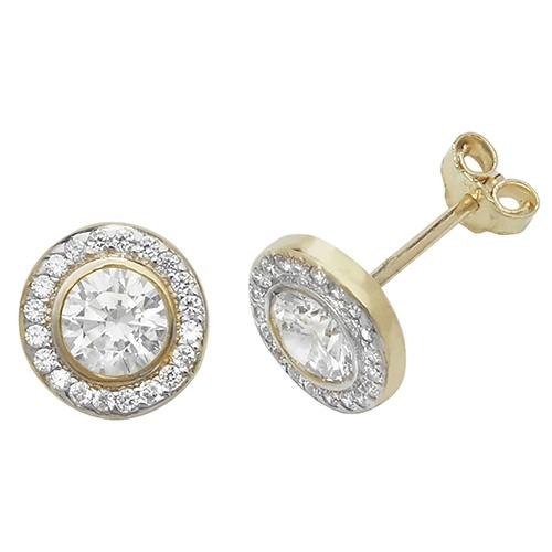 9ct Yellow Gold Halo Round Cubic Zirconia Stud Earrings - NiaYou Jewellery