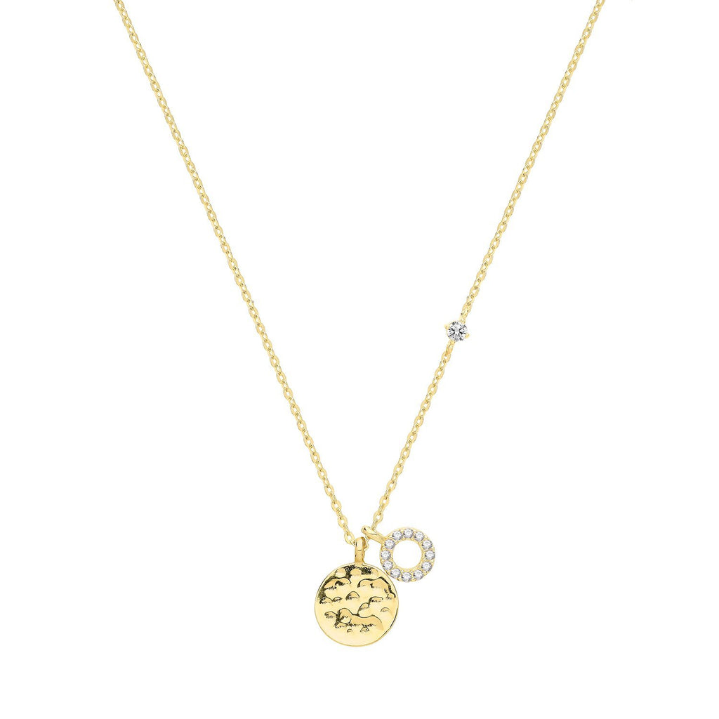 9ct Yellow Gold Hammered Disc with Circle CZ Pendant Necklace - NiaYou Jewellery
