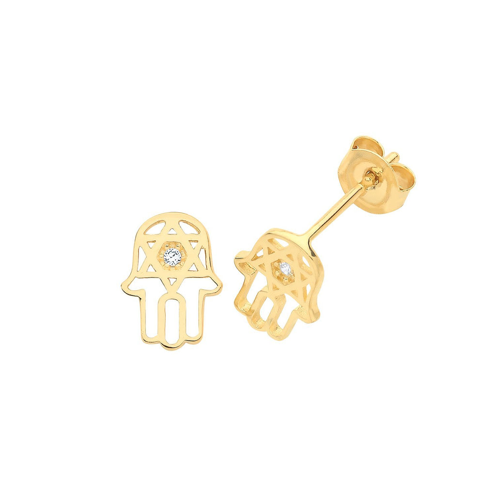 9ct Yellow Gold Hamsa with Cubic Zirconia Stud Earrings - NiaYou Jewellery