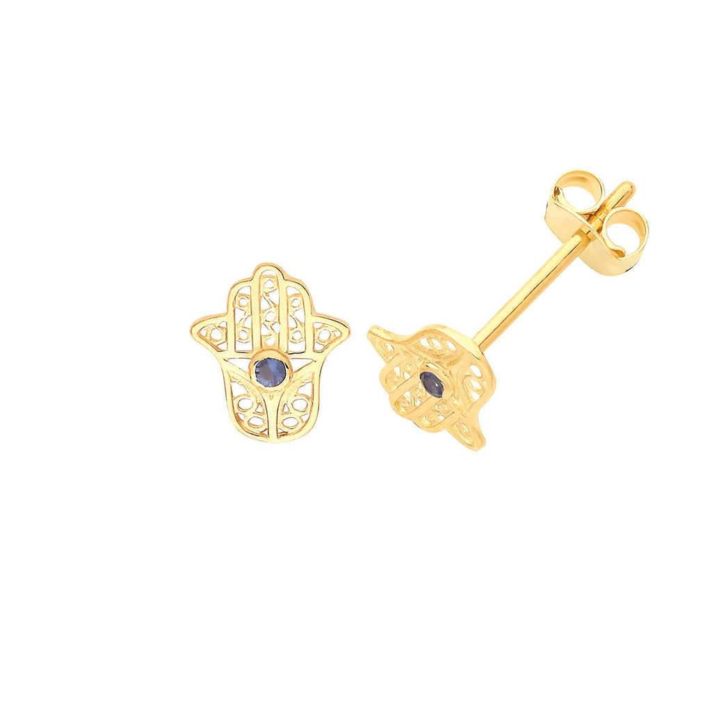 9ct Yellow Gold Hamsa with Sapphire Stud Earrings - NiaYou Jewellery