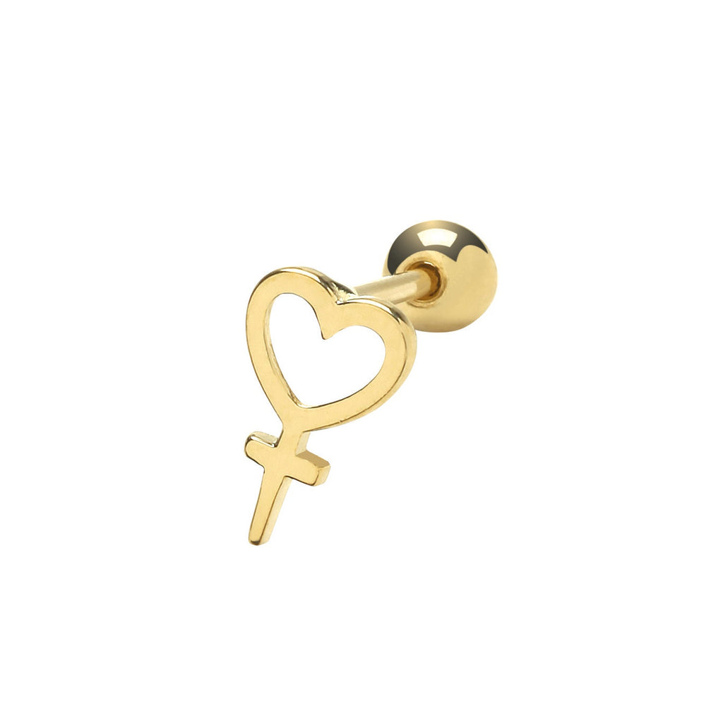 9ct Yellow Gold Heart and Cross Cartilage Post Stud Earring - NiaYou Jewellery