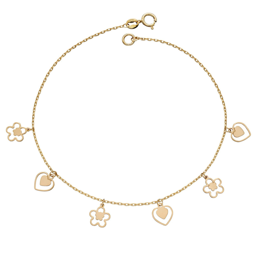 9ct Yellow Gold Heart And Flower Charm Bracelet - NiaYou Jewellery