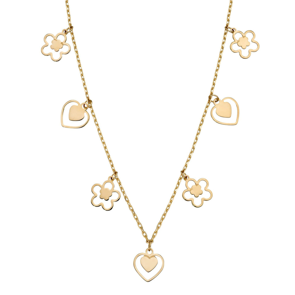 9ct Yellow Gold Heart And Flower Charm Necklace - NiaYou Jewellery