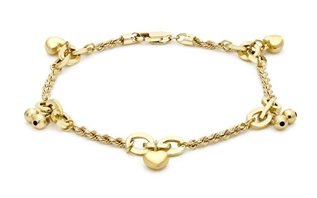 9ct Yellow Gold Heart Charm Rope Ladies Bracelet - NiaYou Jewellery