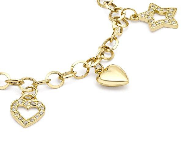 9ct Yellow Gold Heart Star Key Charm Bracelet 19 cm - NiaYou Jewellery