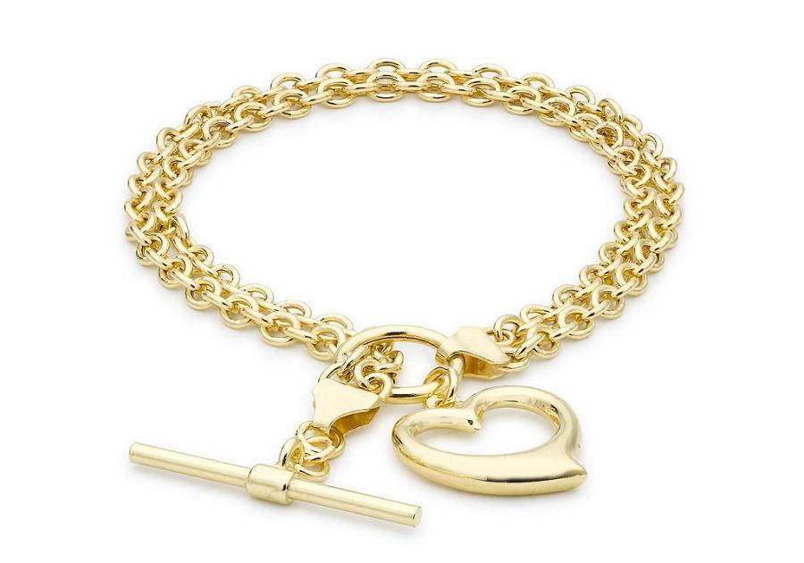 9ct Yellow Gold Heart T-Bar 2-Strand Belcher Bracelet - NiaYou Jewellery