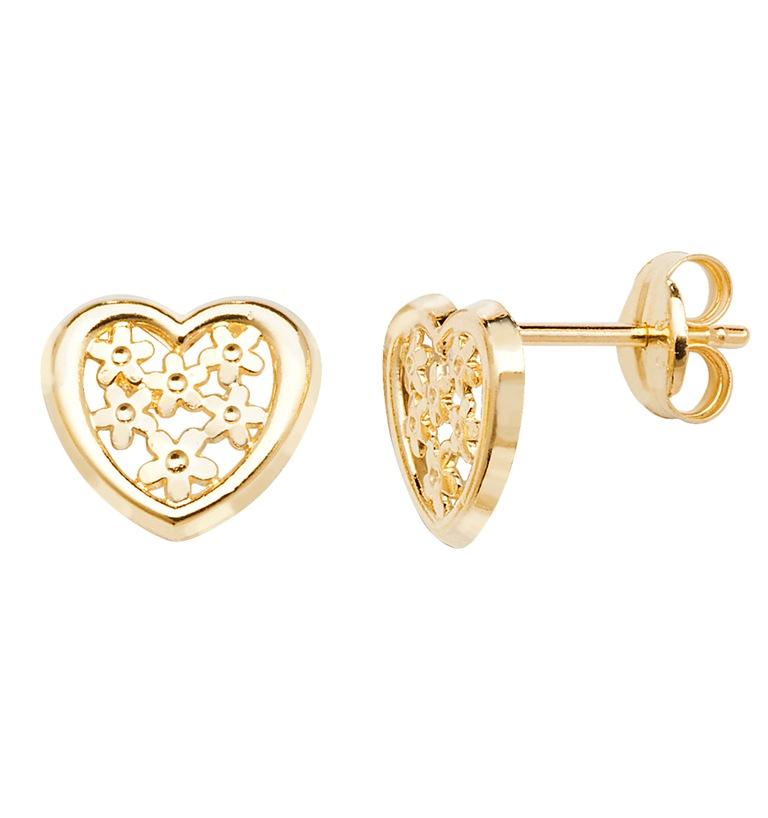 9ct Yellow Gold Heart with Flowers Stud Earrings - NiaYou Jewellery