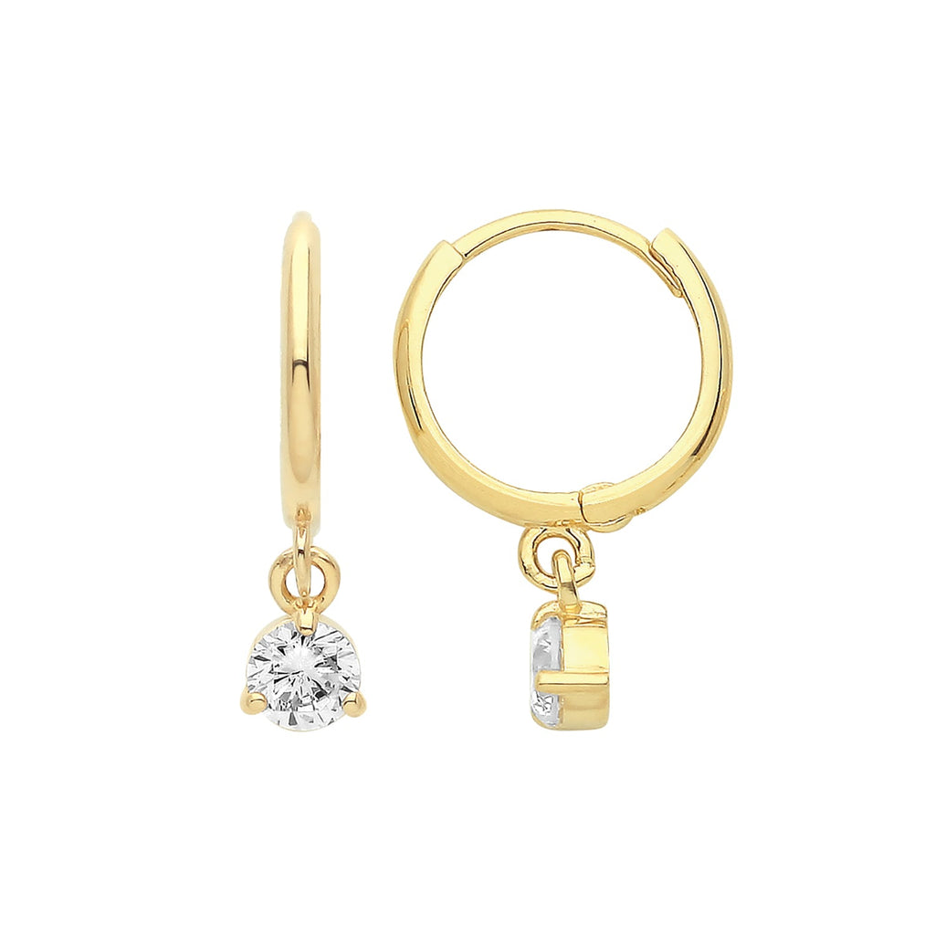 9ct Yellow Gold Hinged Hoop Earrings with Clear CZ Charm Drop - NiaYou Jewellery