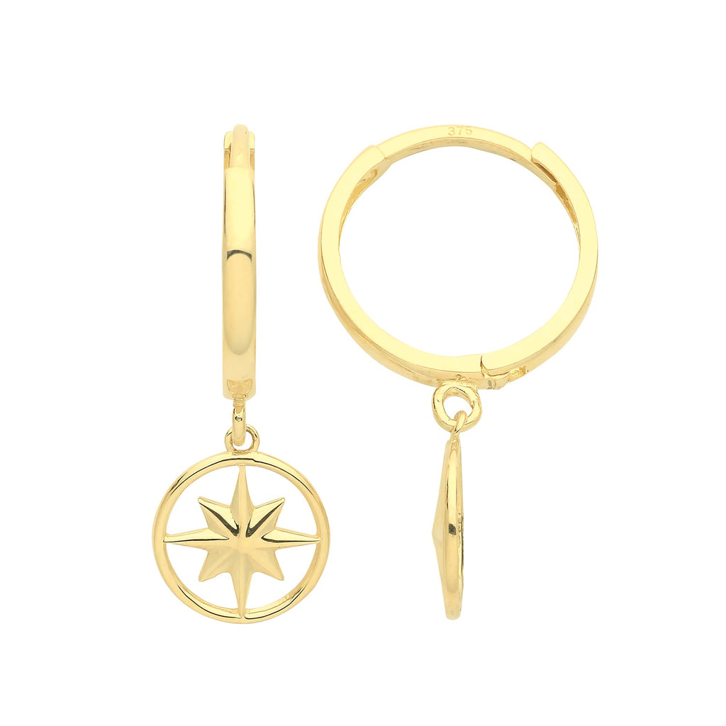 9ct Yellow Gold Hinged Hoop Earrings with Compass Drop - NiaYou Jewellery