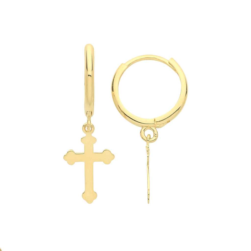 9ct Yellow Gold Hinged Hoop Earrings with Cross Charm Drop - NiaYou Jewellery
