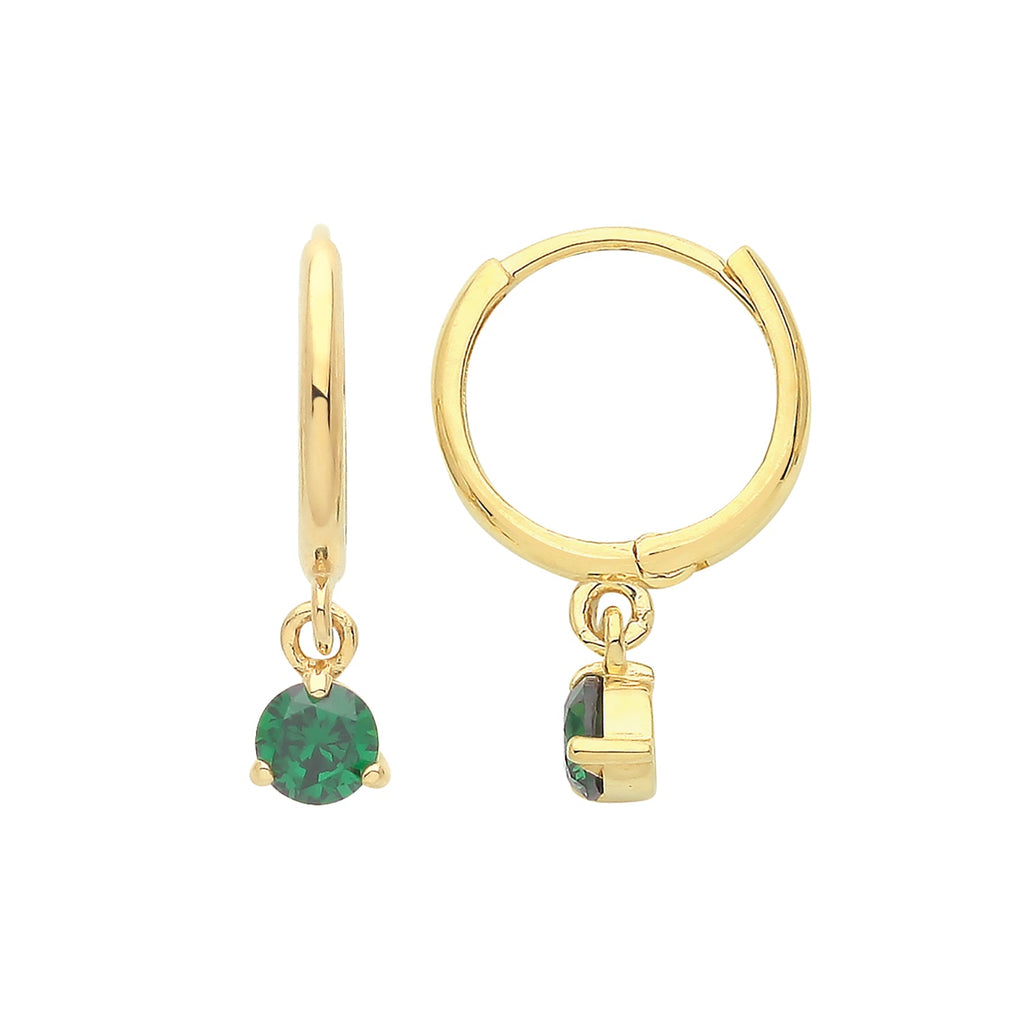 9ct Yellow Gold Hinged Hoop Earrings with Green Emerald CZ - NiaYou Jewellery