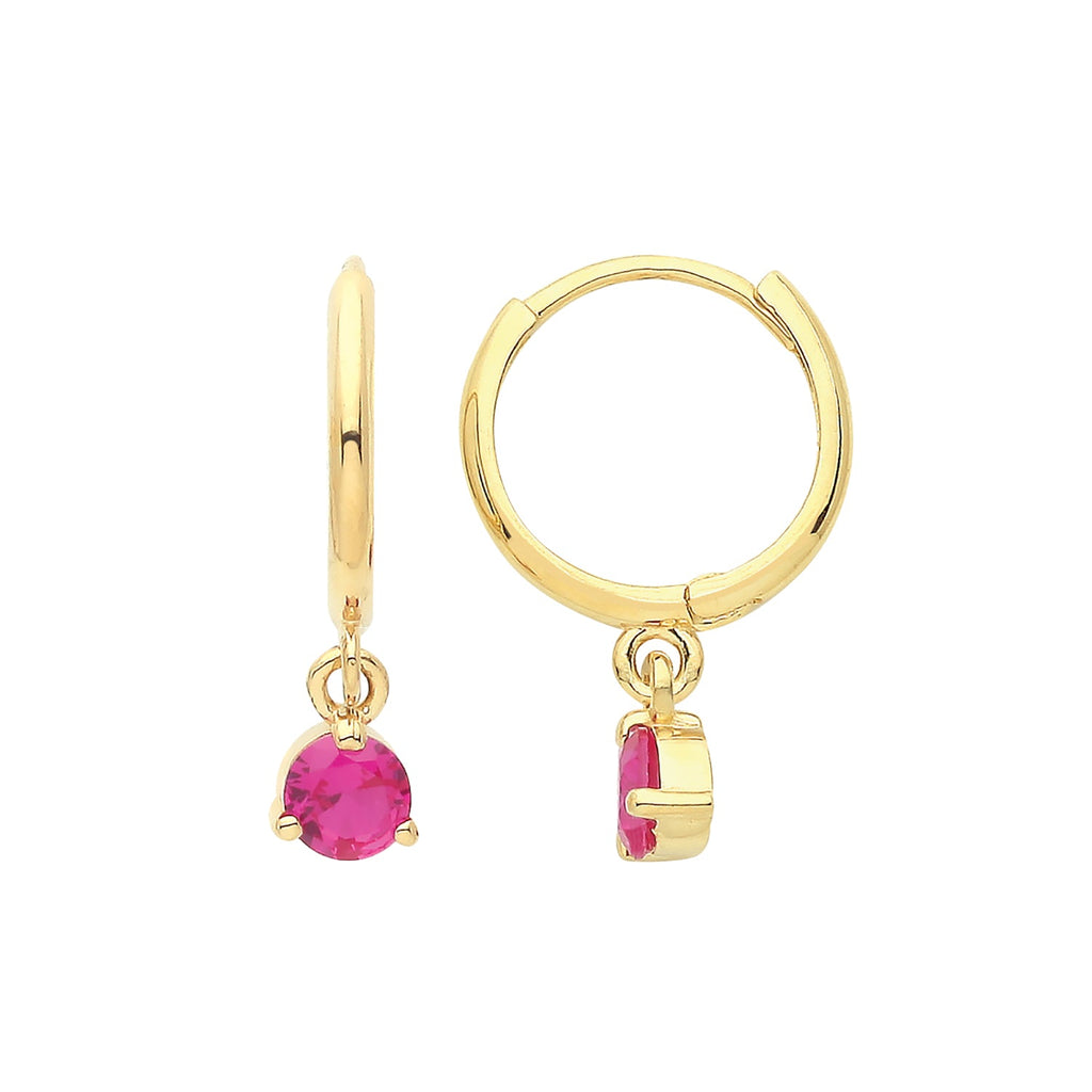9ct Yellow Gold Hinged Hoop Earrings with Red Ruby CZ Drop - NiaYou Jewellery