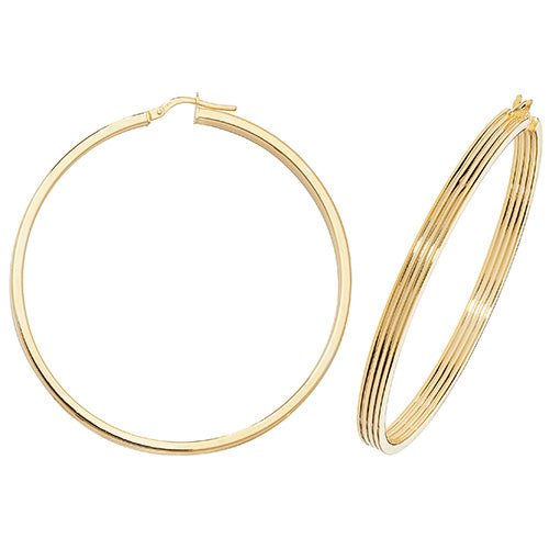 9ct Yellow Gold Large Flat Ribbed Hoop Earrings 50 MM - NiaYou Jewellery