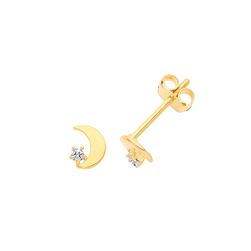 9ct Yellow Gold Moon Stud Earrings with Cubic Zirconia - NiaYou Jewellery