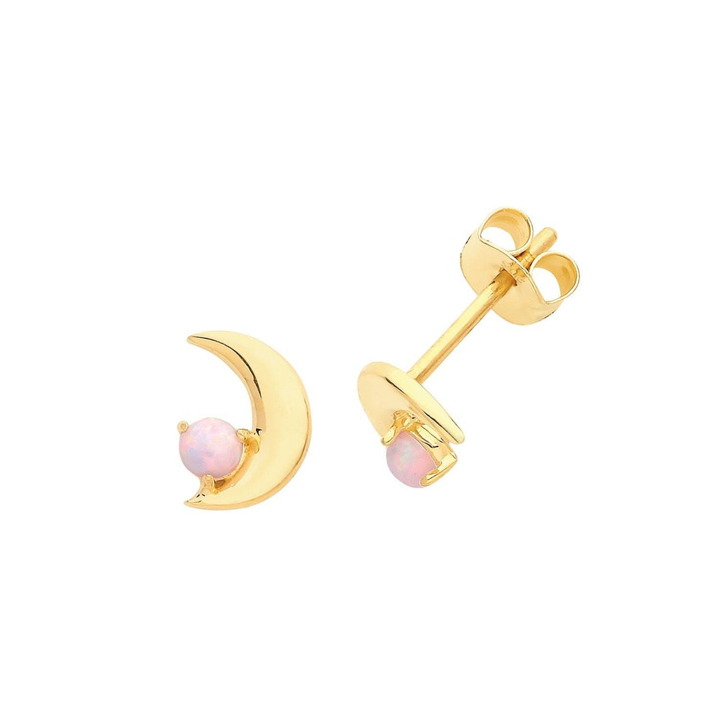 9ct Yellow Gold Moon Stud Earrings with Pink Opal - NiaYou Jewellery