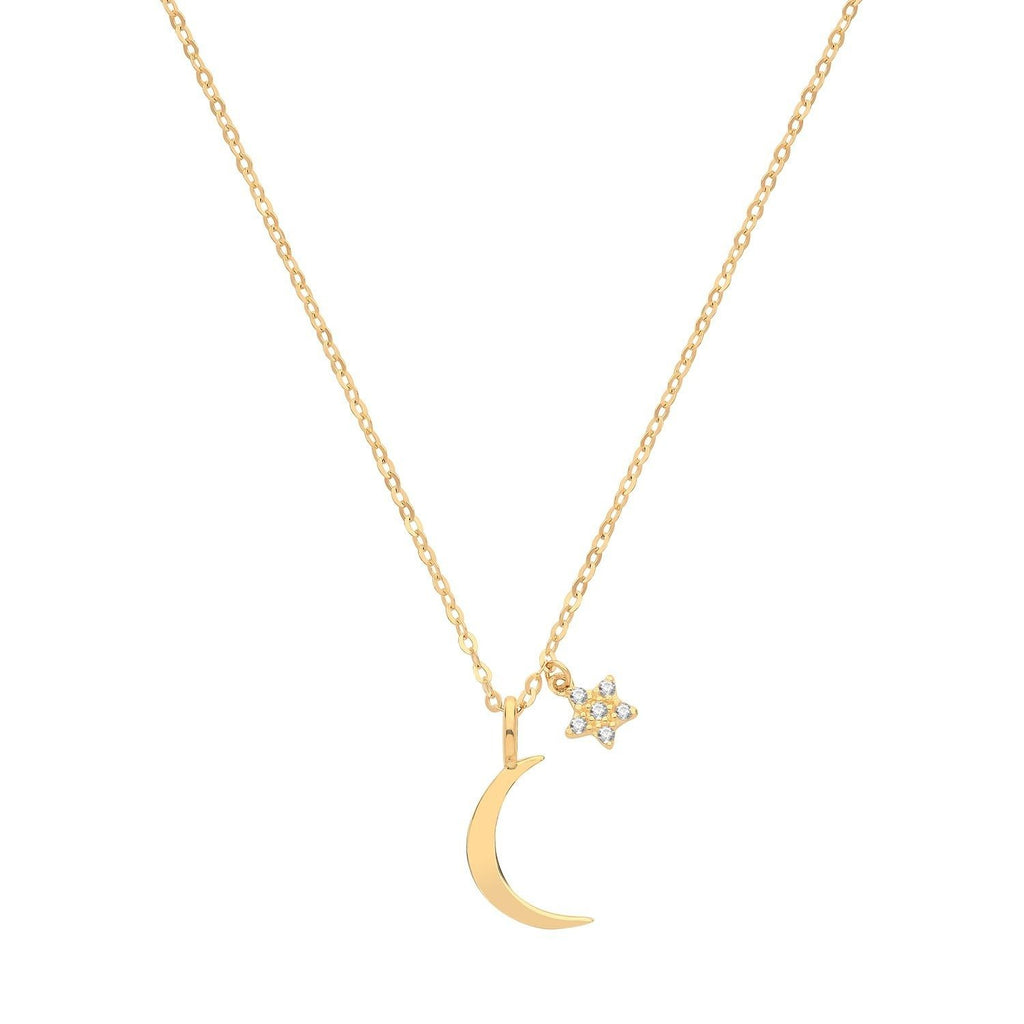 9ct Yellow Gold Moon with Star Pendant Necklace - NiaYou Jewellery