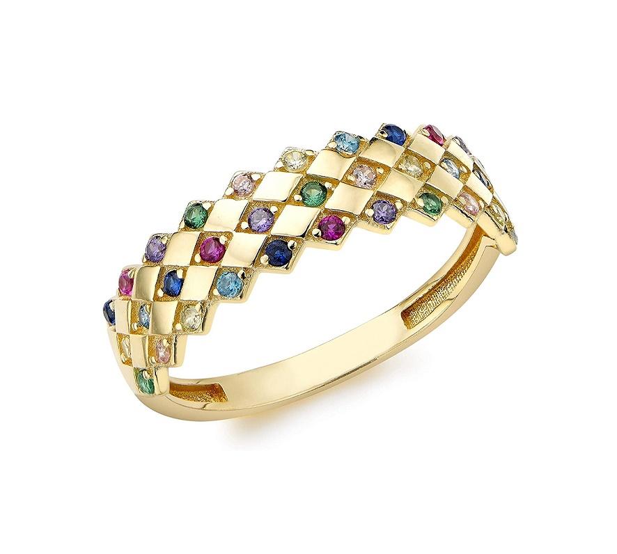 9ct Yellow Gold Multi-Colour CZ Rhombus Pattern Ring - NiaYou Jewellery