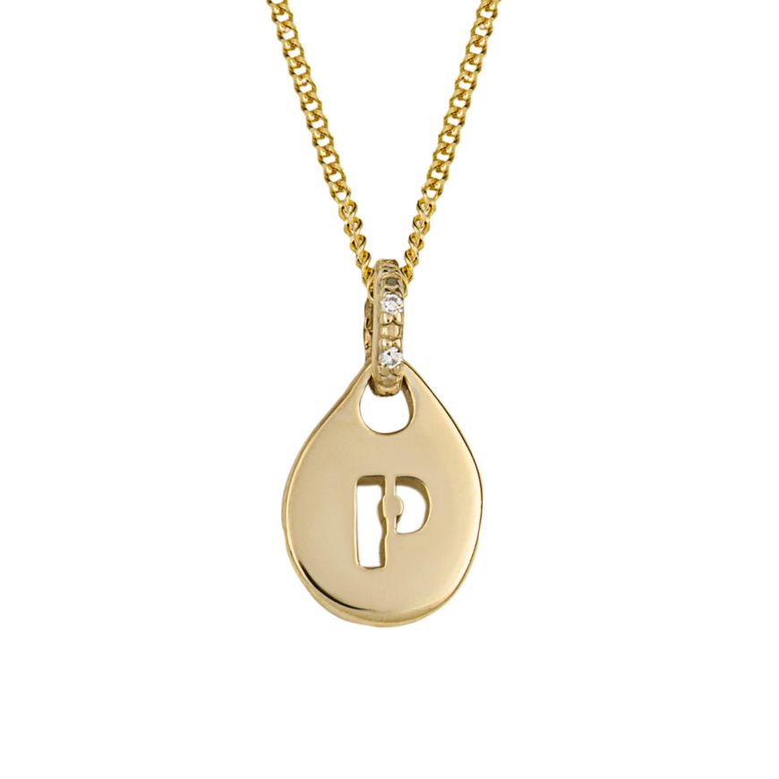 9ct Yellow Gold Organic Initial Tag Diamond Set Bale with Chain - A to Z - NiaYou Jewellery