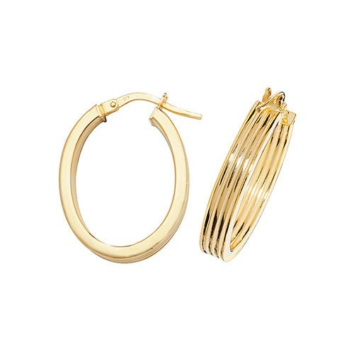 9ct Yellow Gold Oval Flat Ribbed Hoop Earrings 18 MM - NiaYou Jewellery