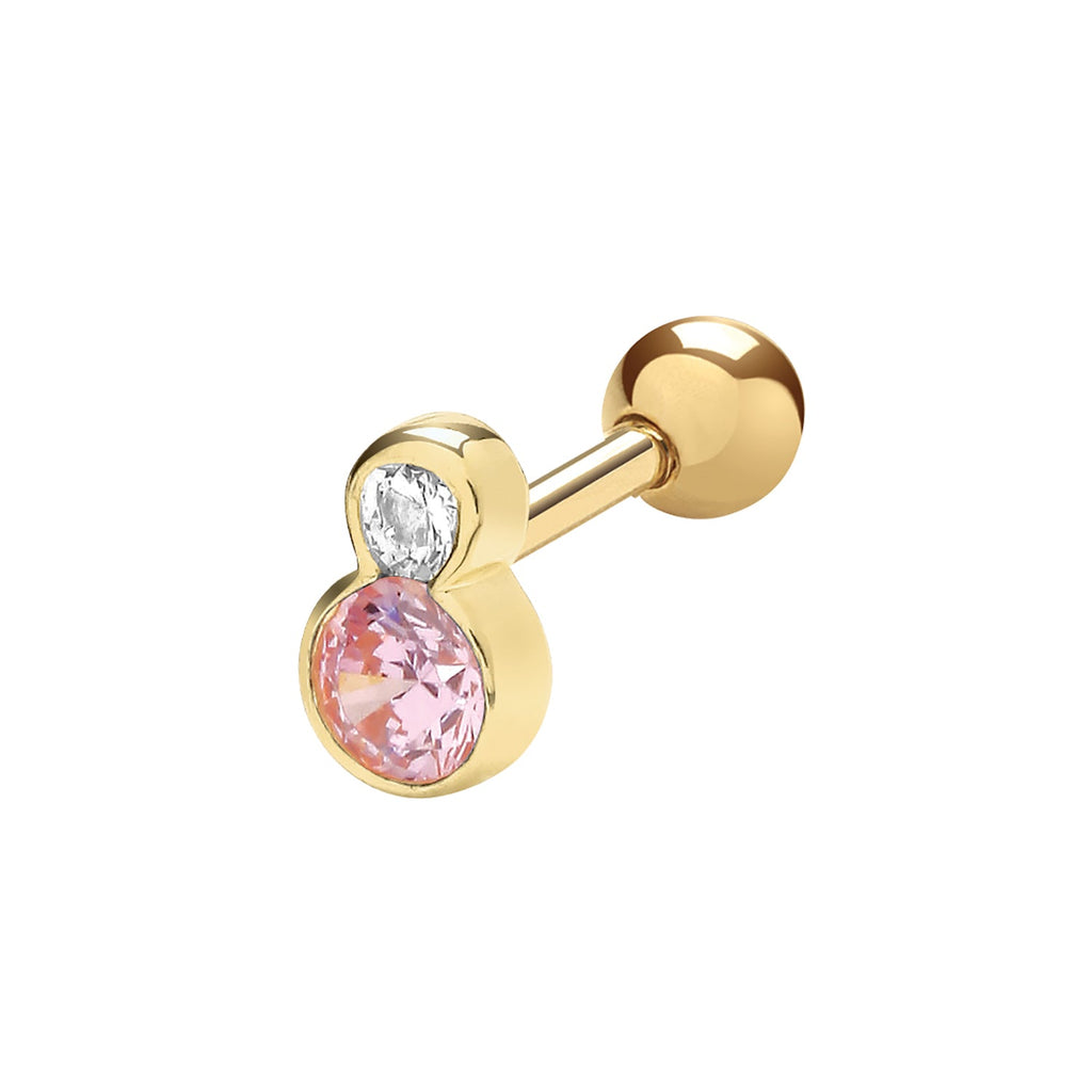 9ct Yellow Gold Pink Clear Cubic Zirconia Cartilage Piercing Stud Earring - NiaYou Jewellery