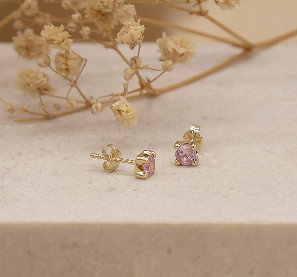 9ct Yellow Gold Pink CZ October Birthstone Stud Earring - NiaYou Jewellery