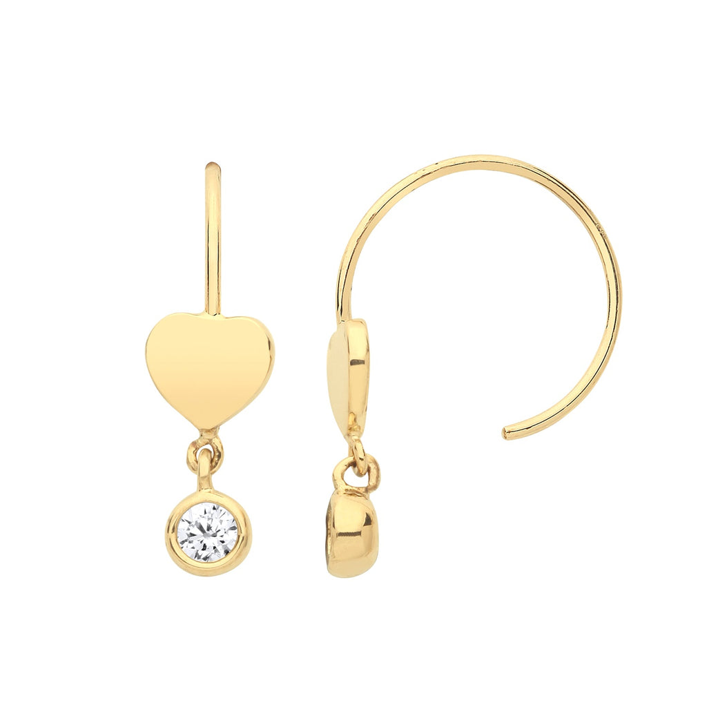 9ct Yellow Gold Pull Through Hoop Earrings with Heart and CZ Drop - NiaYou Jewellery