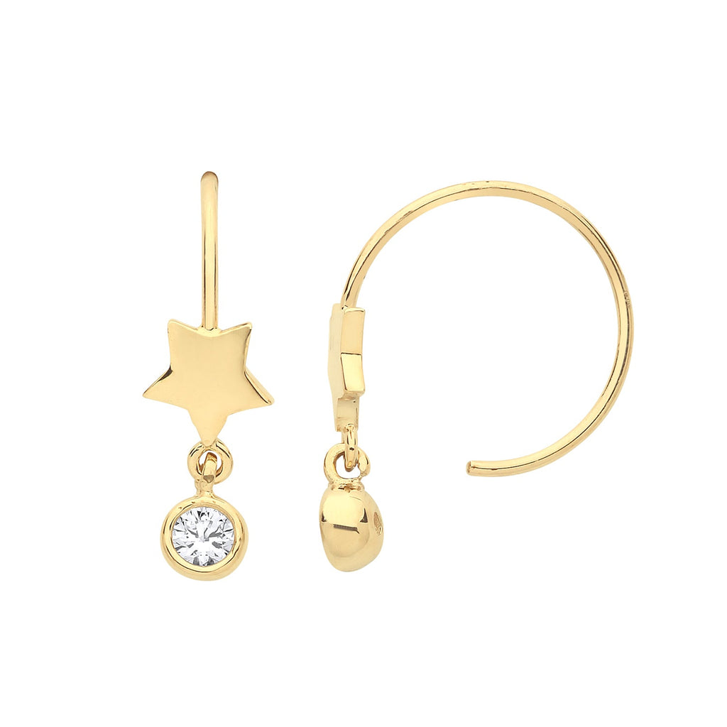 9ct Yellow Gold Pull Through Hoop Earrings with Star and Cubic Zirconia Drop - NiaYou Jewellery