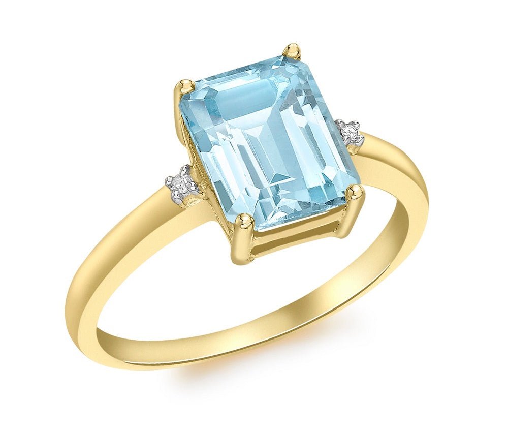 9ct Yellow Gold Rectangular Blue Topaz and Diamond Ring - NiaYou Jewellery