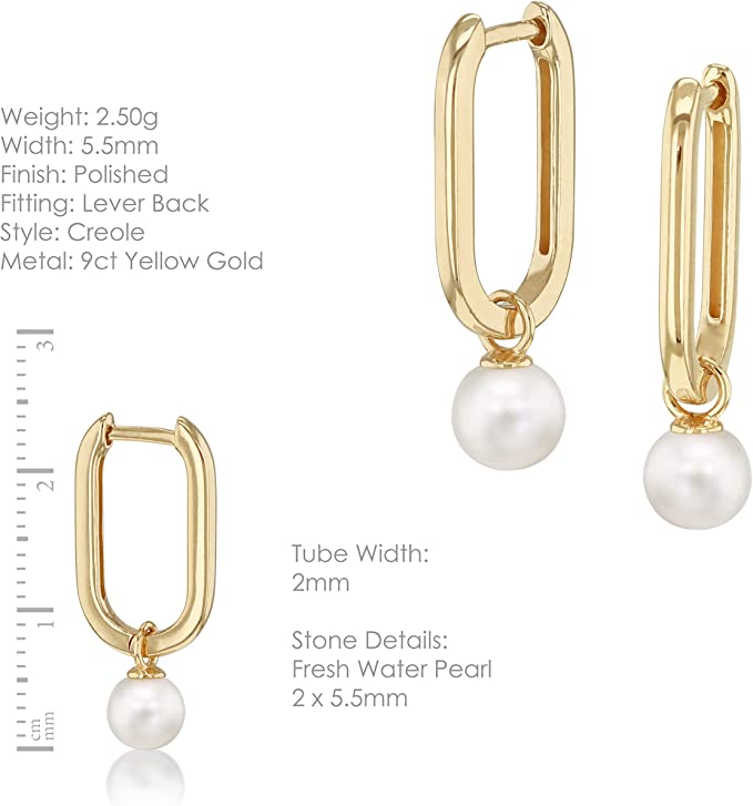 9ct Yellow Gold Rectangular Creole Hoop Earrings with Freshwater Pearl Drop - NiaYou Jewellery