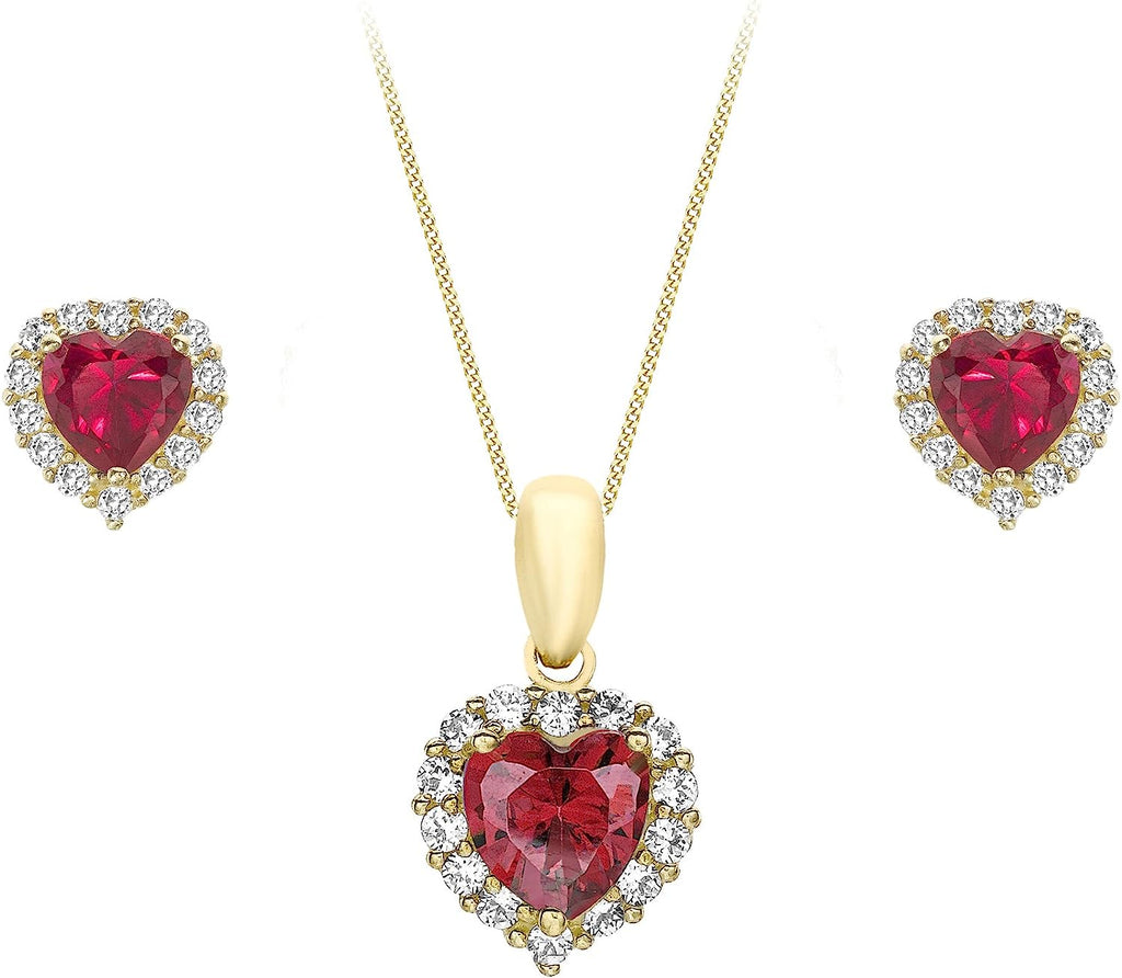9ct Yellow Gold Red Cubic Zirconia Cluster Heart Stud Earrings and Pendant - NiaYou Jewellery