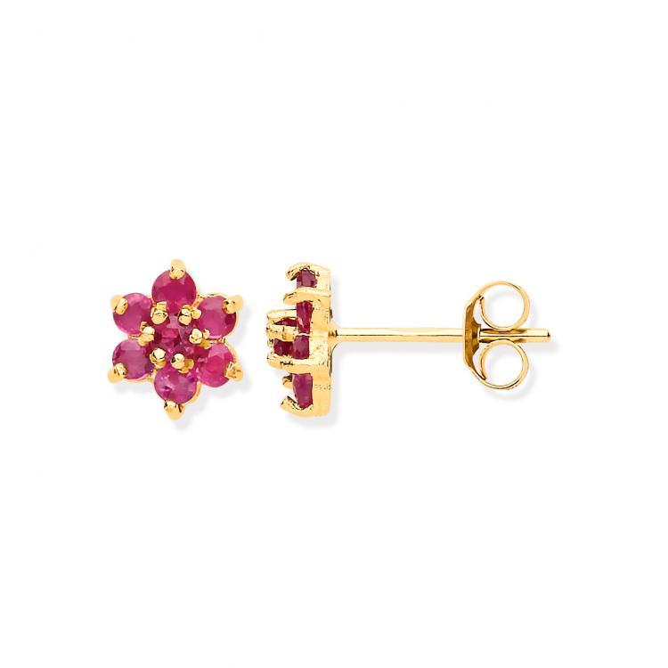 9ct Yellow Gold Red Ruby Flower Stud Earrings - NiaYou Jewellery