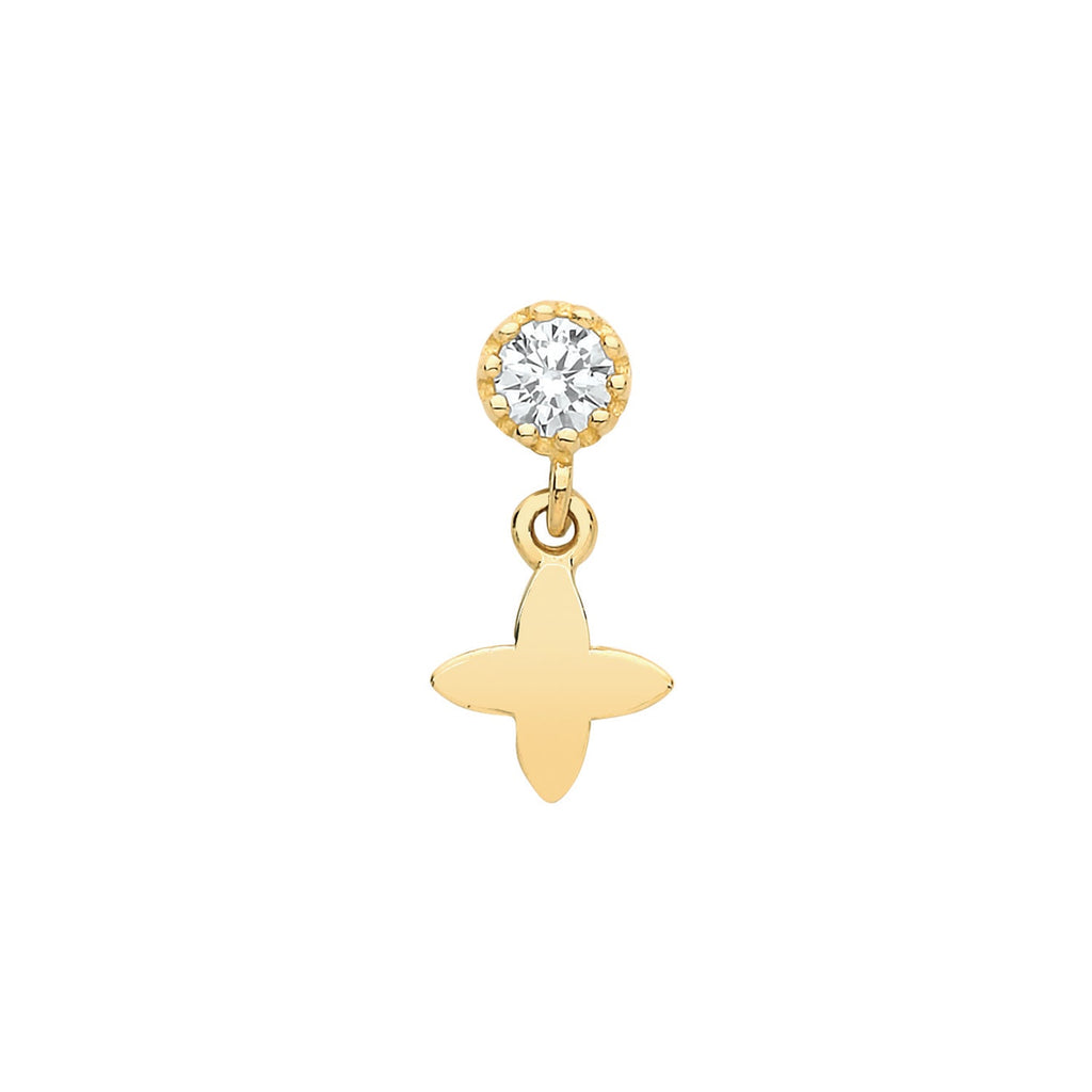 9ct Yellow Gold Round CZ with Dangle Star Cartilage Stud Earring - NiaYou Jewellery