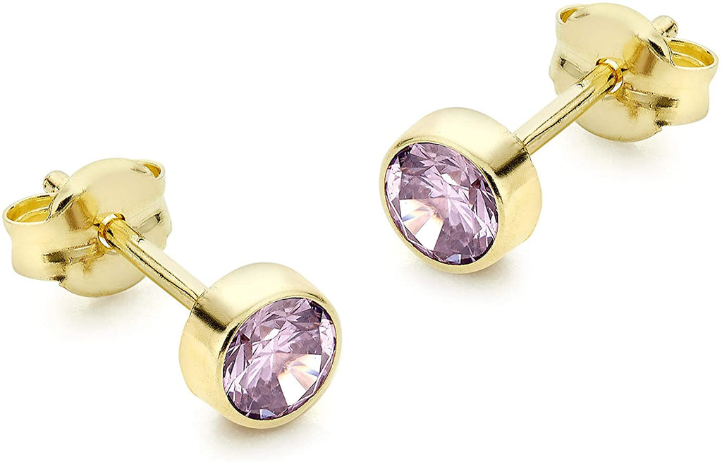 9ct Yellow Gold Round Rubover Lilac CZ Stud Earrings - NiaYou Jewellery