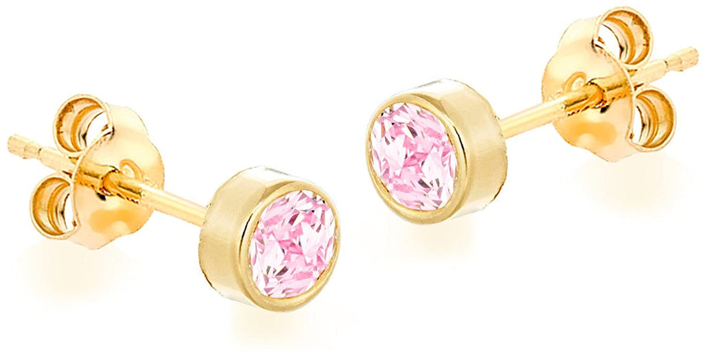 9ct Yellow Gold Round Rubover Pink CZ Stud Earrings - NiaYou Jewellery