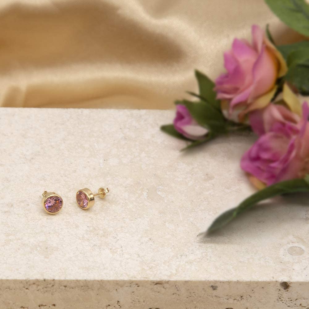 9ct Yellow Gold Round Rubover Pink CZ Stud Earrings - NiaYou Jewellery