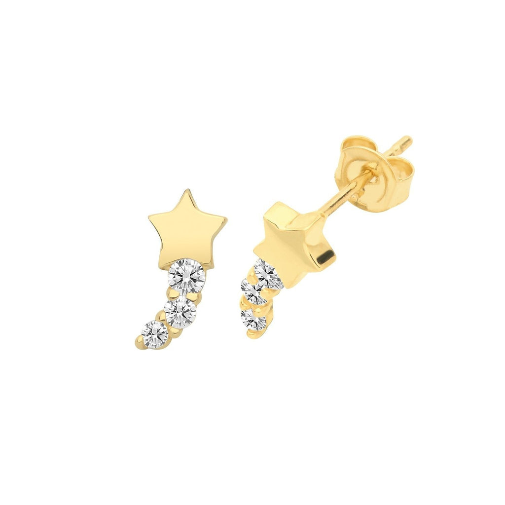 9ct Yellow Gold Shooting Star Stud Earrings with Cubic Zirconia - NiaYou Jewellery