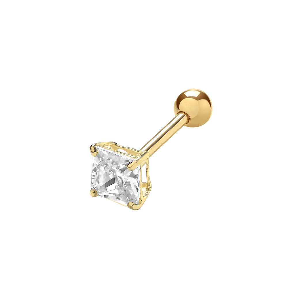 9ct Yellow Gold Square Cubic Zirconia Cartilage Piercing Stud Earring 4 MM - NiaYou Jewellery