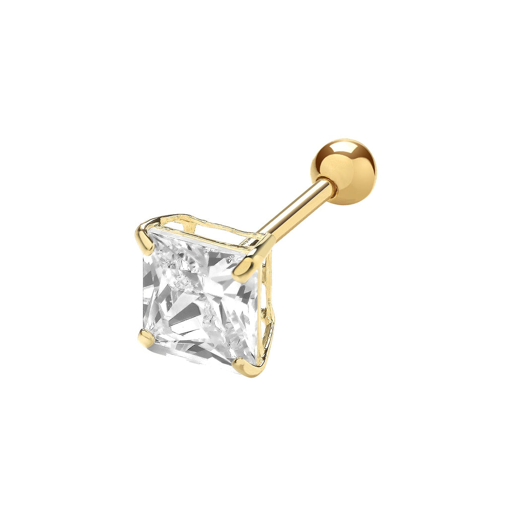 9ct Yellow Gold Square Cubic Zirconia Cartilage Piercing Stud Earring 5 MM - NiaYou Jewellery