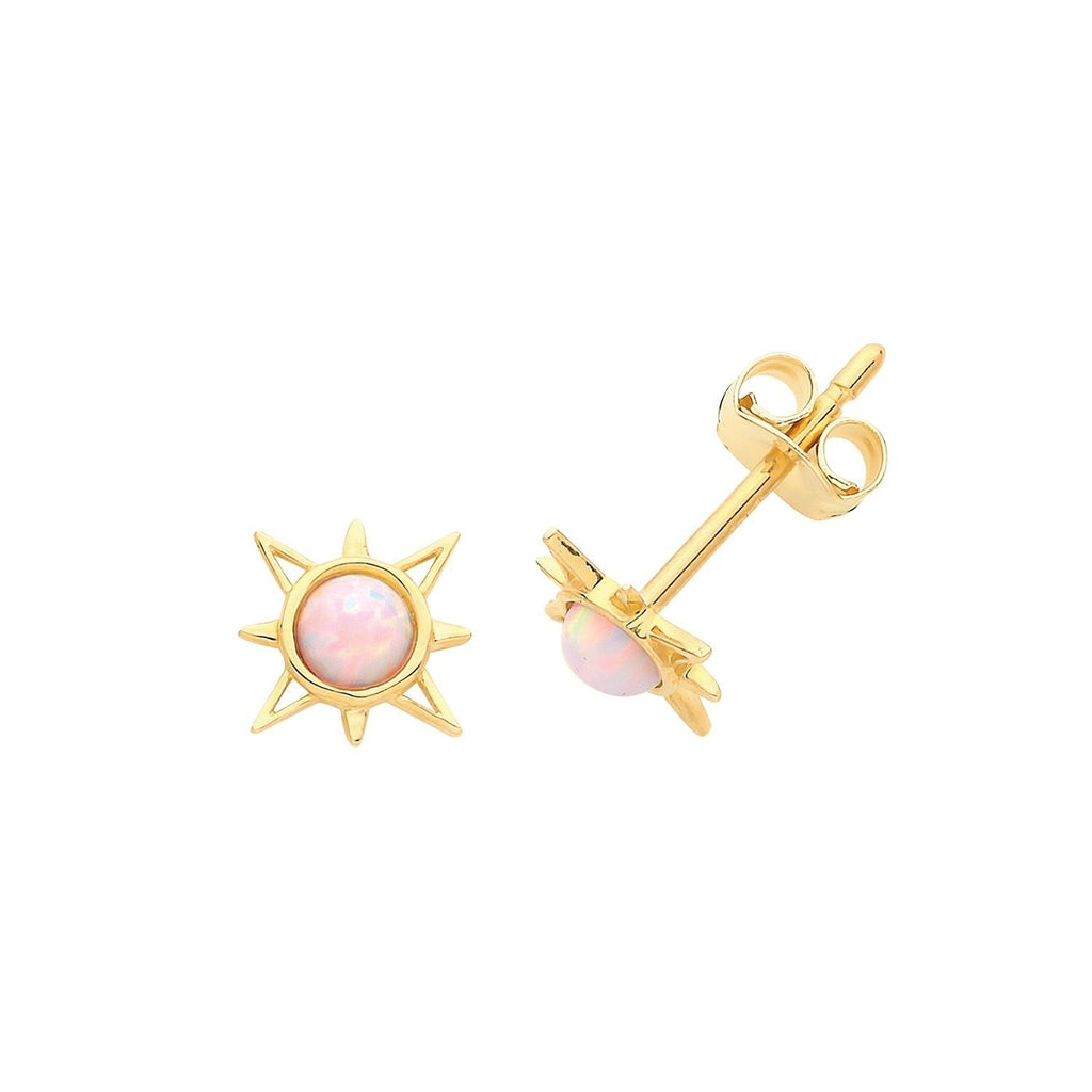 9ct Yellow Gold Star Sun Stud Earrings with Pink Opal - NiaYou Jewellery