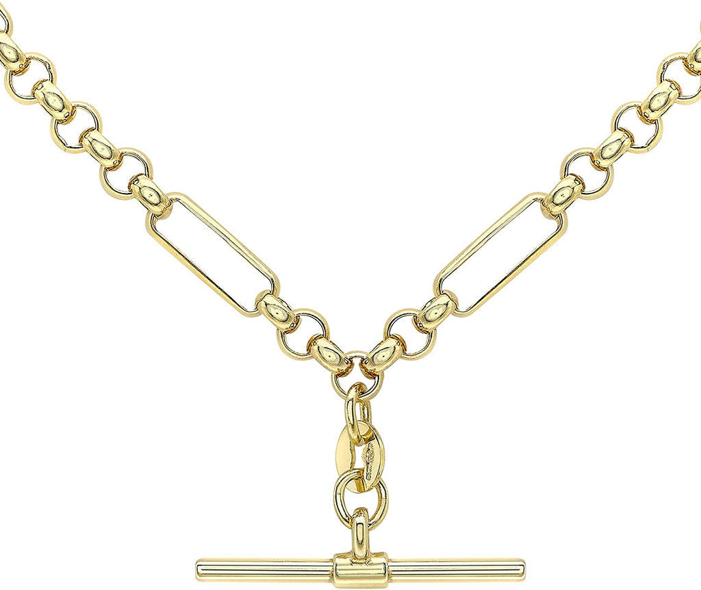 9ct Yellow Gold T-Bar Figaro and Belcher Chain Albert Clasp Necklace 46 cm - NiaYou Jewellery