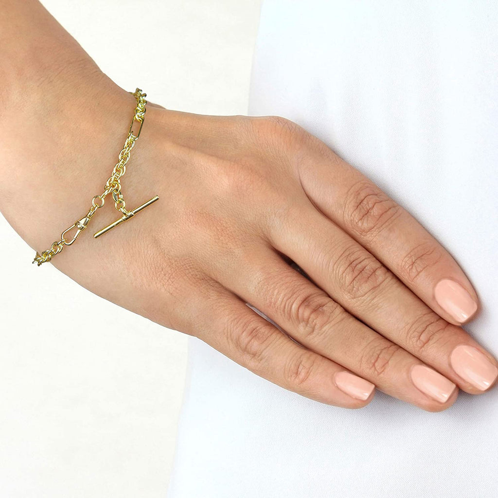 9ct Yellow Gold T-Bar Figaro Rope Chain Albert Clasp Bracelet 19cm - NiaYou Jewellery