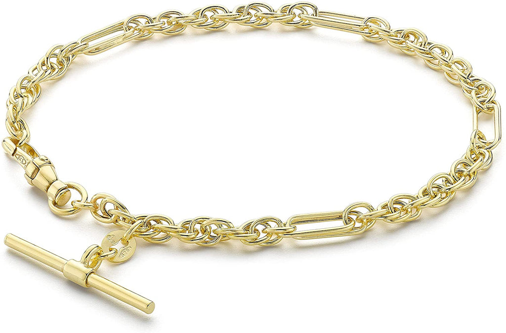 9ct Yellow Gold T-Bar Figaro Rope Chain Albert Clasp Bracelet 19cm - NiaYou Jewellery