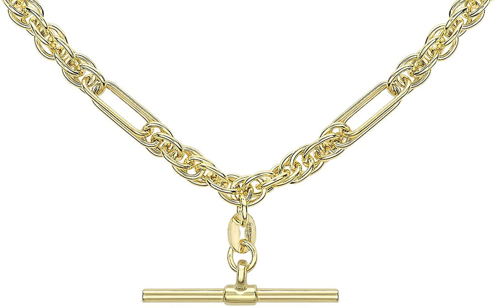 9ct Yellow Gold T-Bar Figaro Rope Chain Albert Clasp Necklace 51cm - NiaYou Jewellery